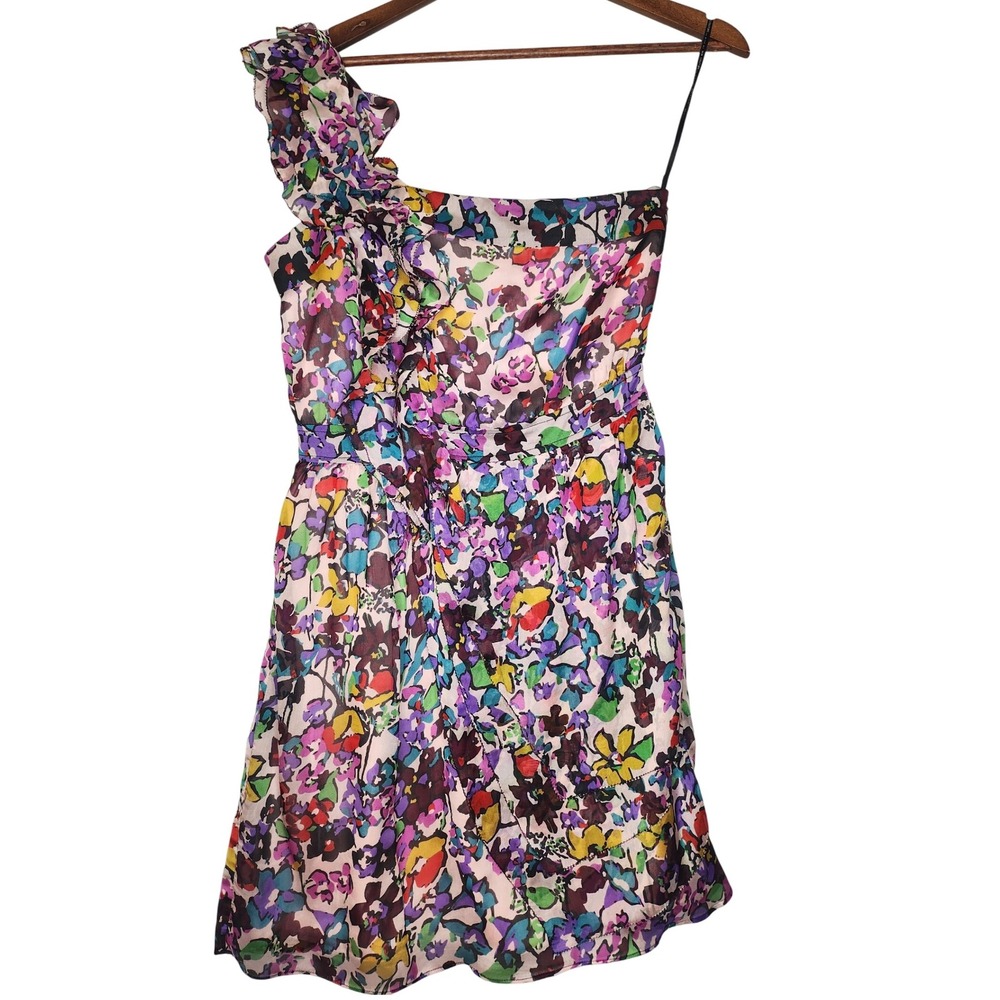 MM Couture Miss Me 100% silk dress ruffle One Shoulder Med‎ Mini Party Floral